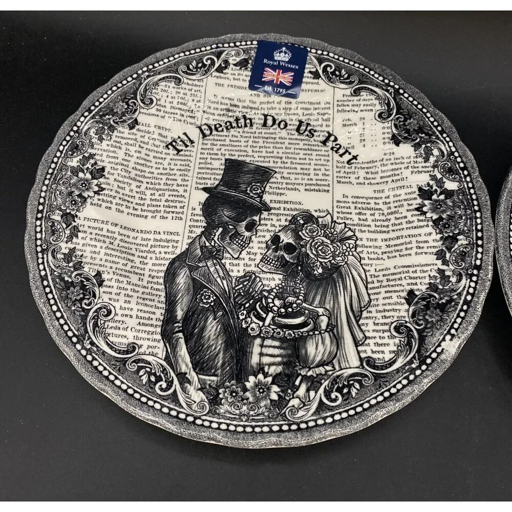 2 X Royal Wessex Halloween Skeleton Goth Wedding 8” Plate Til Death Do Us Part